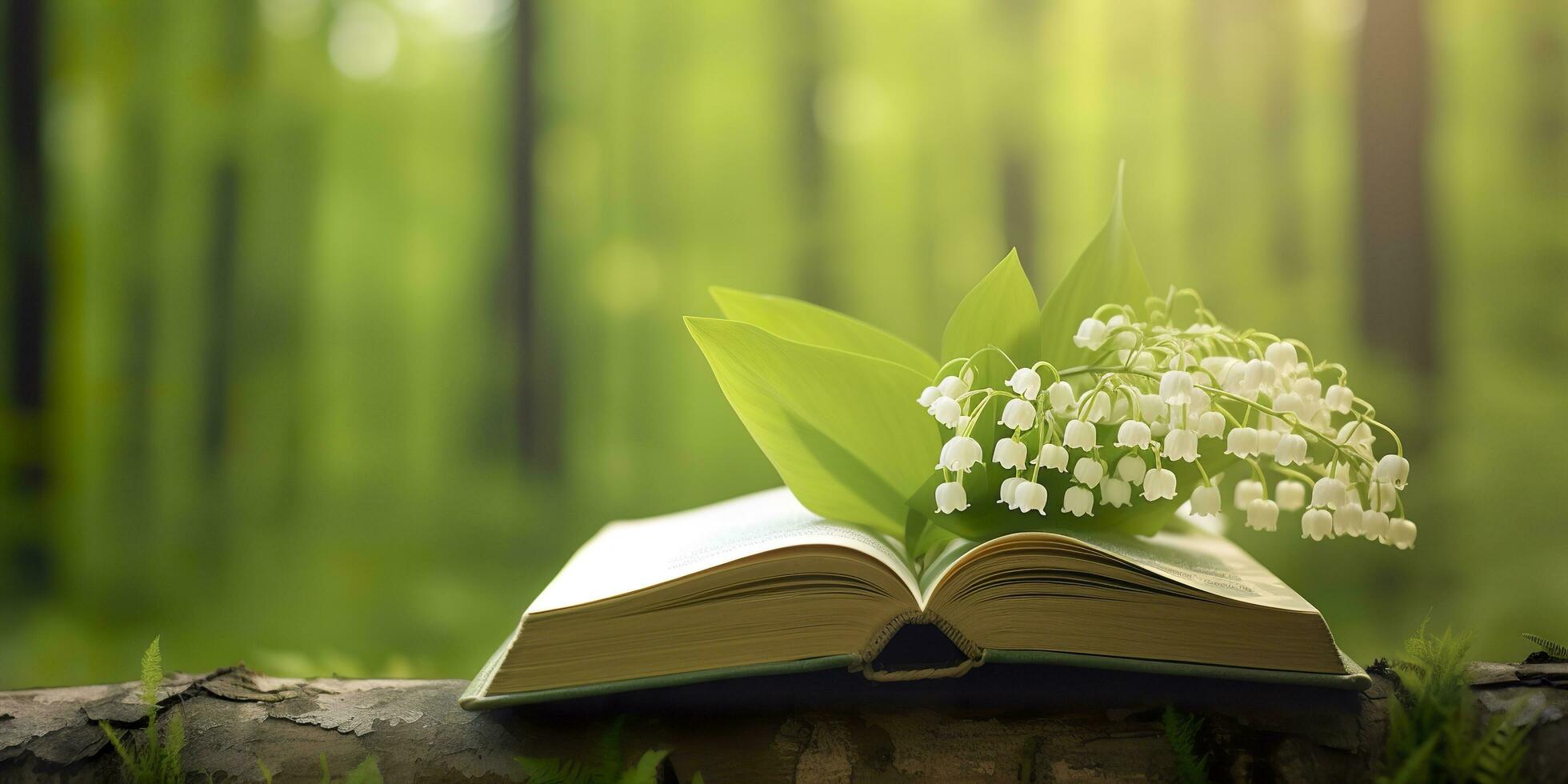 ai generado lirio de el Valle flores y antiguo libros en el bosque, verde natural antecedentes. ai generado foto