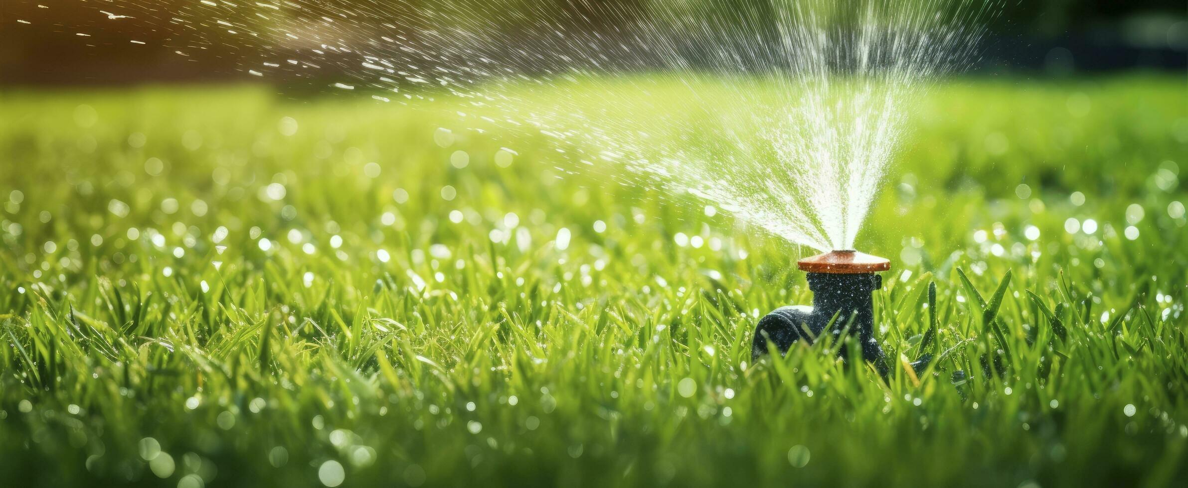AI generated Automatic garden lawn sprinkler in action watering grass. AI Generated photo