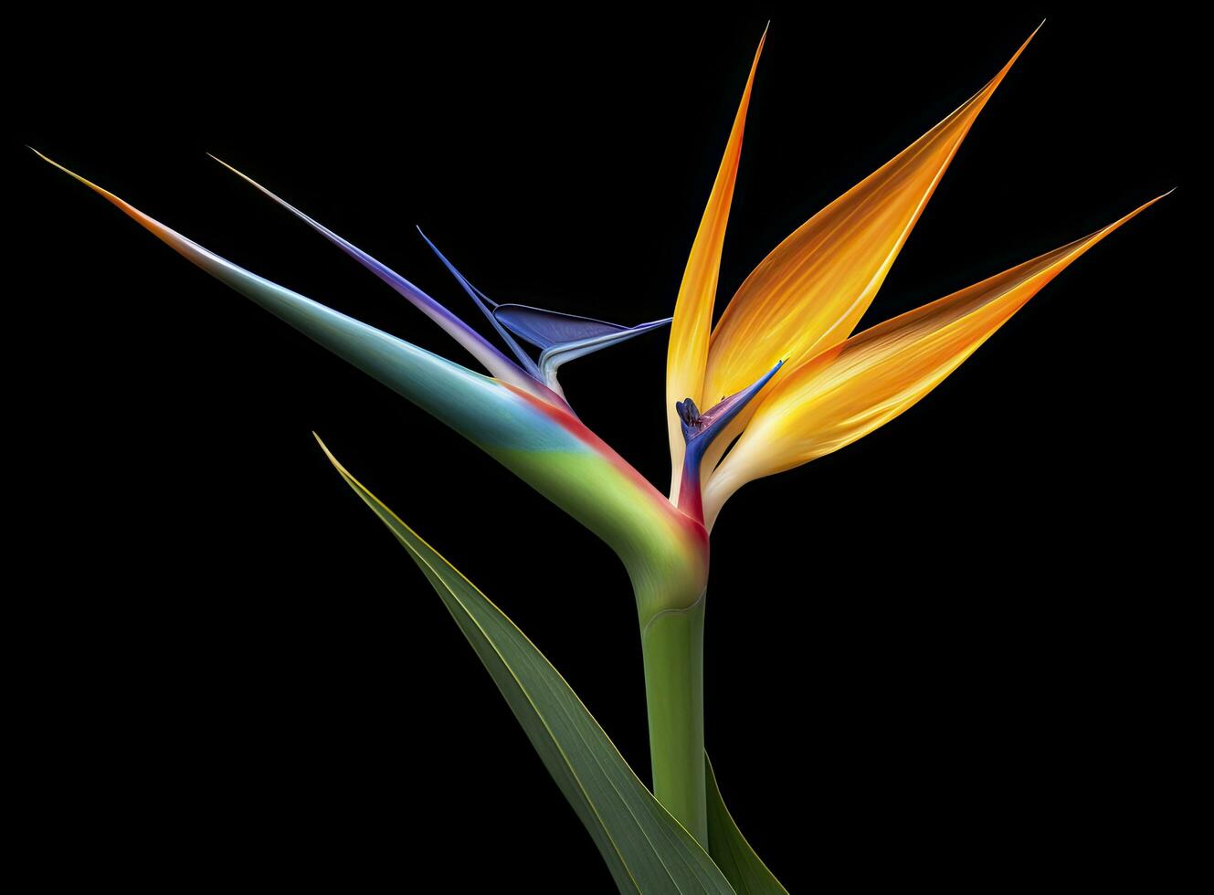 AI generated Bird of paradise flower isolated on black background. AI Generated photo