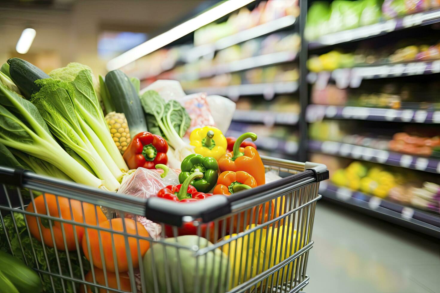 AI generated Close up of full shopping cart in grocery store. AI Generated photo