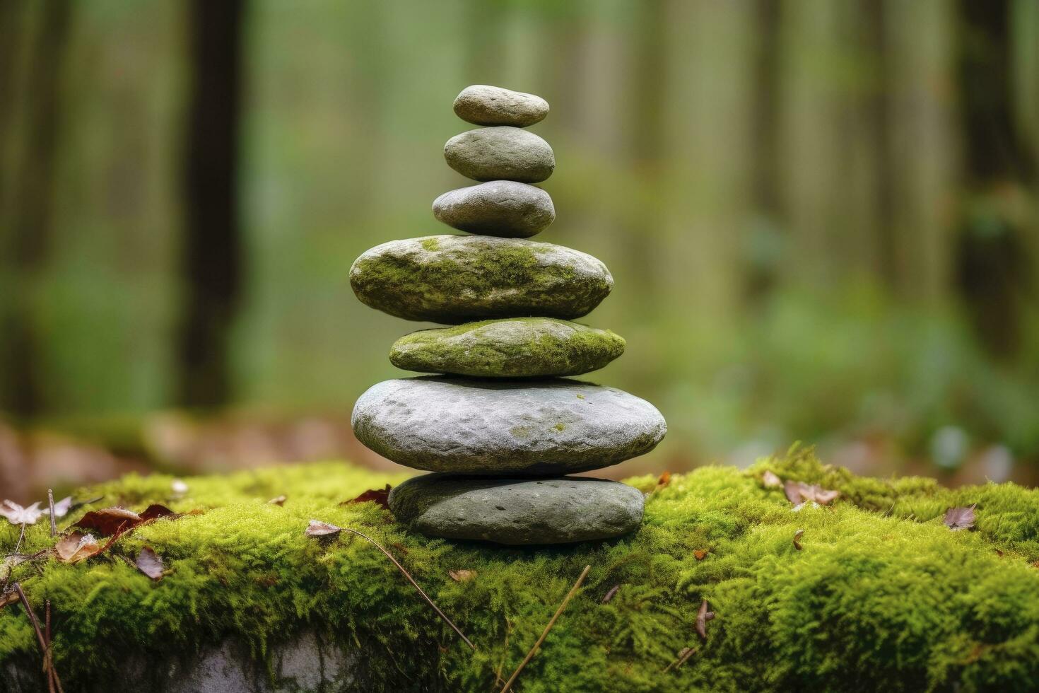 AI generated Pyramid stones balance on old mossy fallen tree. AI Generated photo