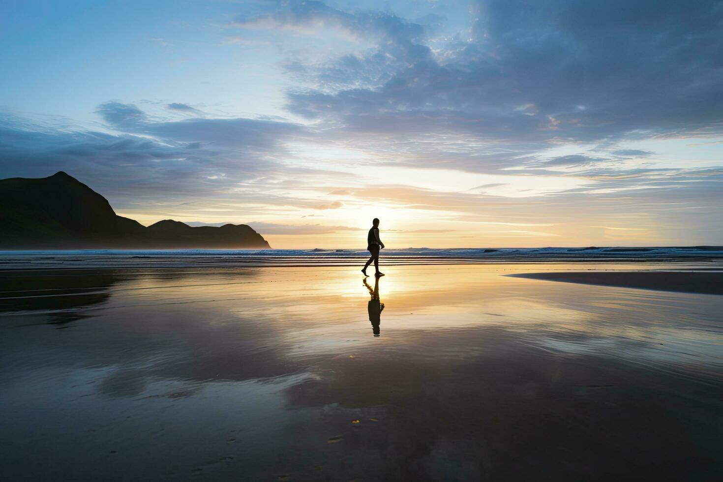 AI generated A person walking on the beach at sunset. AI Generated. photo