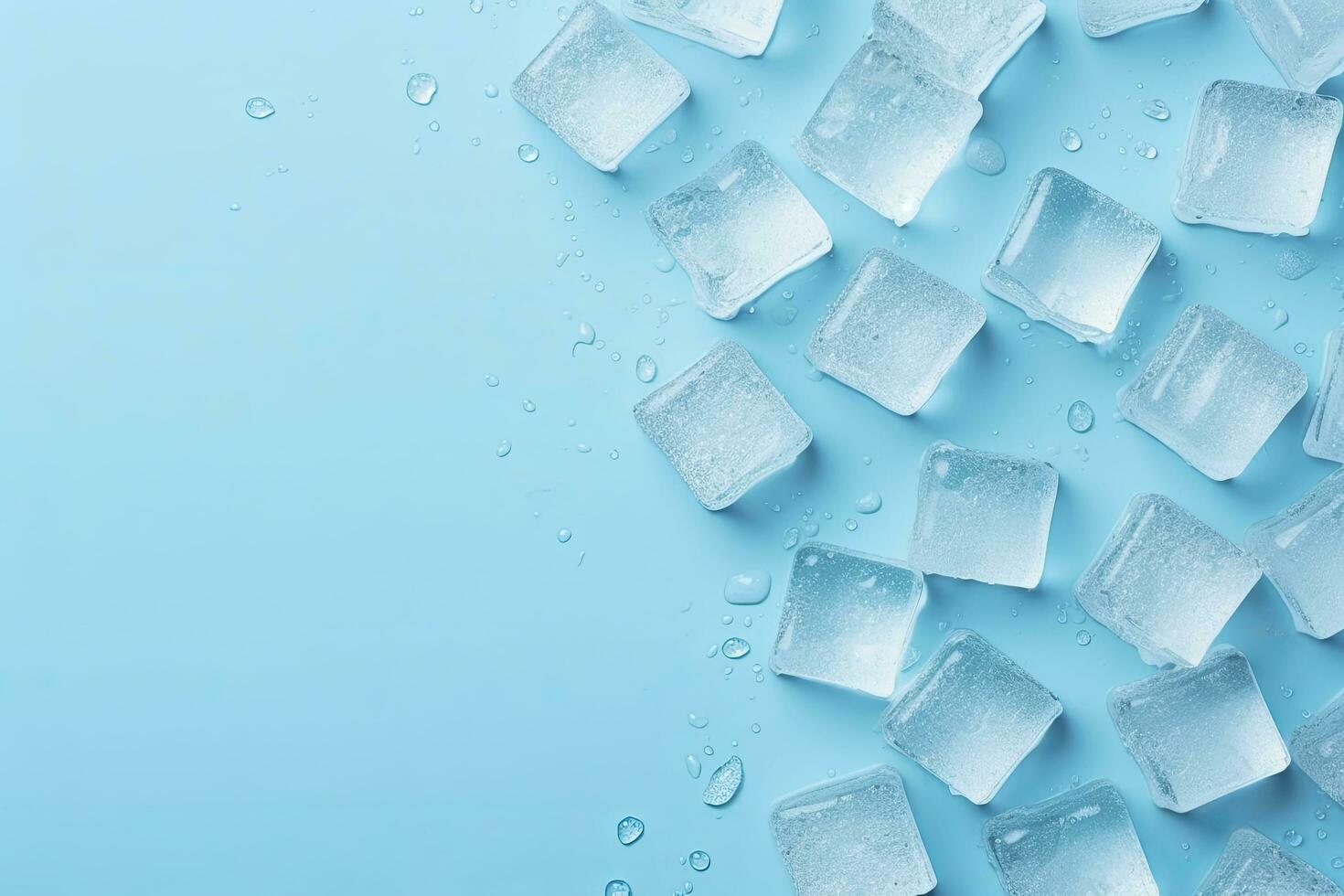 AI generated Cubes of ice and drops are isolated on the blue background with empty space. AI Generated photo