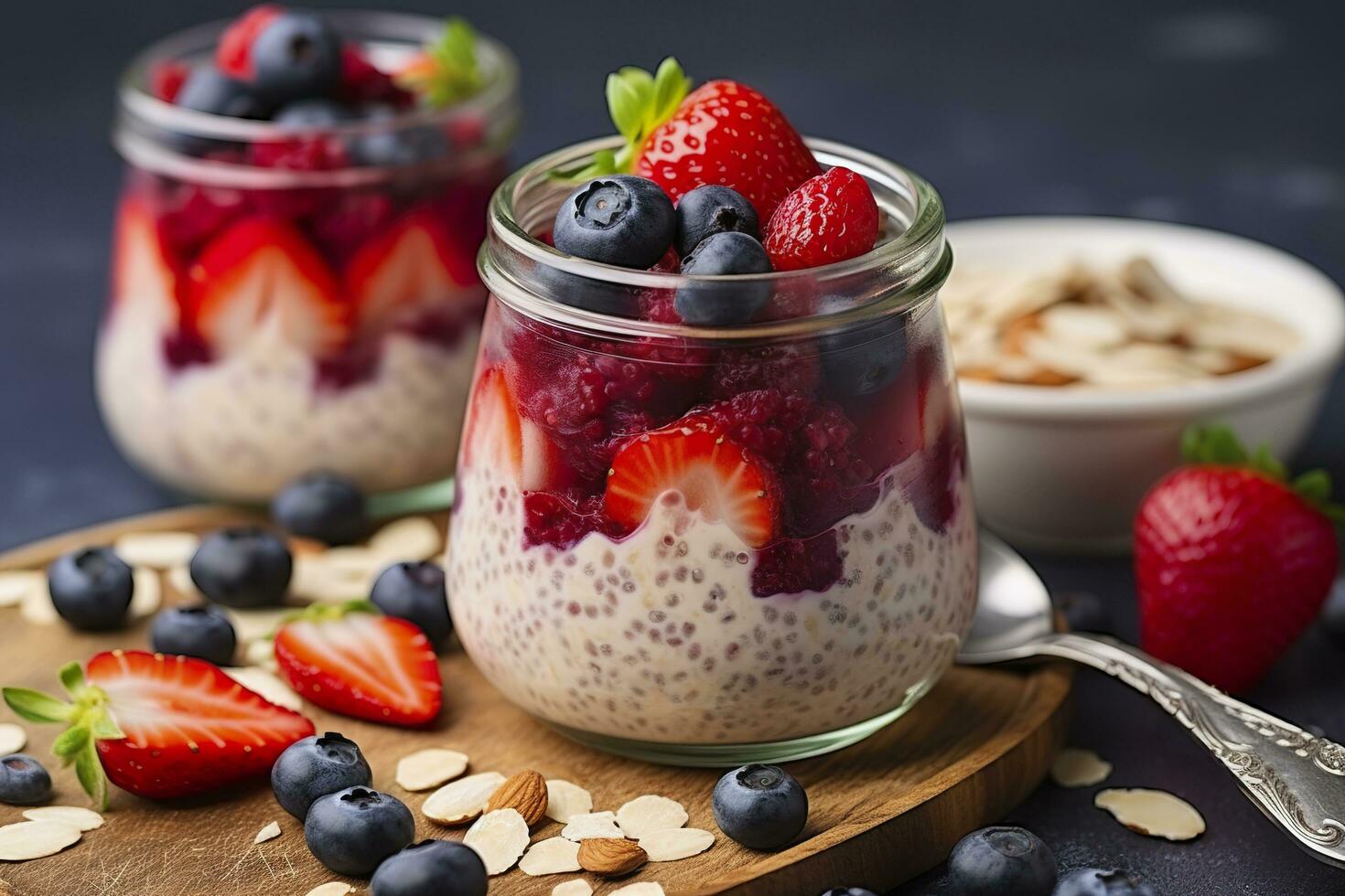 AI generated Mixed berries overnight oats with almond flakes in a glass jar, healthy breakfast.  AI Generated photo