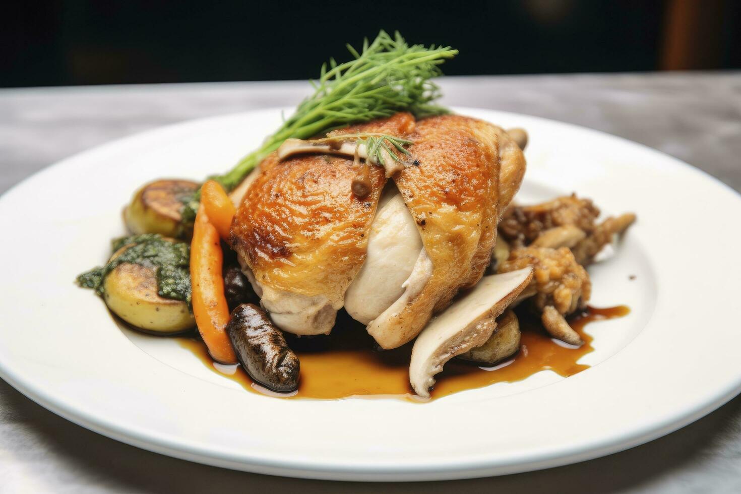 AI generated Plated chicken roast dinner on a white plate with carrot and morel mushroom. AI Generated. photo
