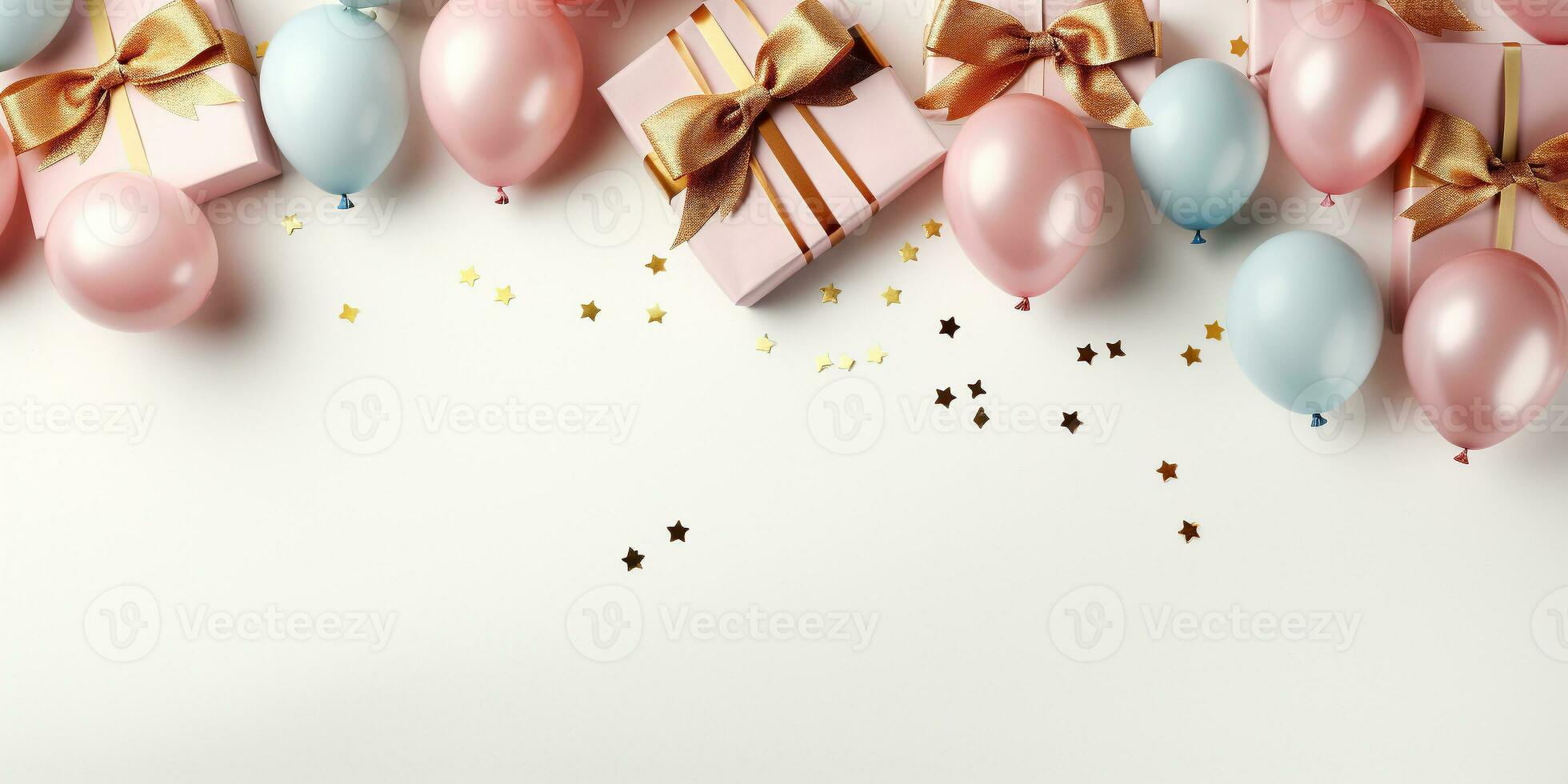AI generated Birthday party banner pink blue gold composition, giftbox, balloons, confetti, concept giftcard, copy space, white background photo