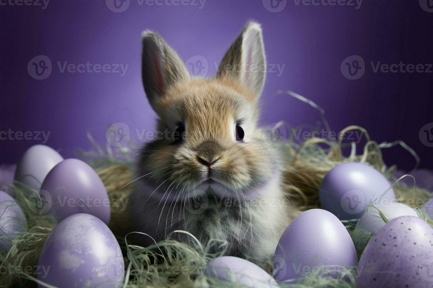 AI generated Easter bunny rabbit with blue painted eggs. Happy Easter concept congratulation card photo