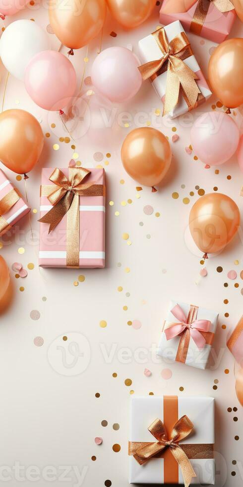 AI generated Birthday party banner pink and gold composition, giftbox, balloons, confetti, concept giftcard, copy space, white background photo