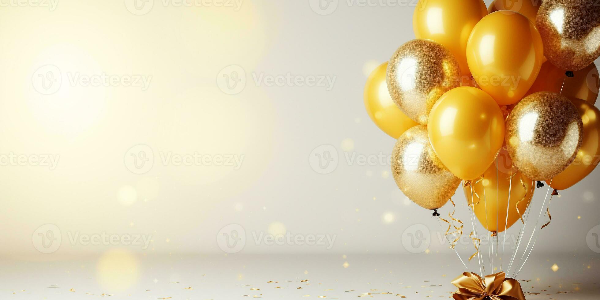 AI generated Birthday party banner yellow and gold composition with balloons, confetti, concept giftcard, copy space, white background photo