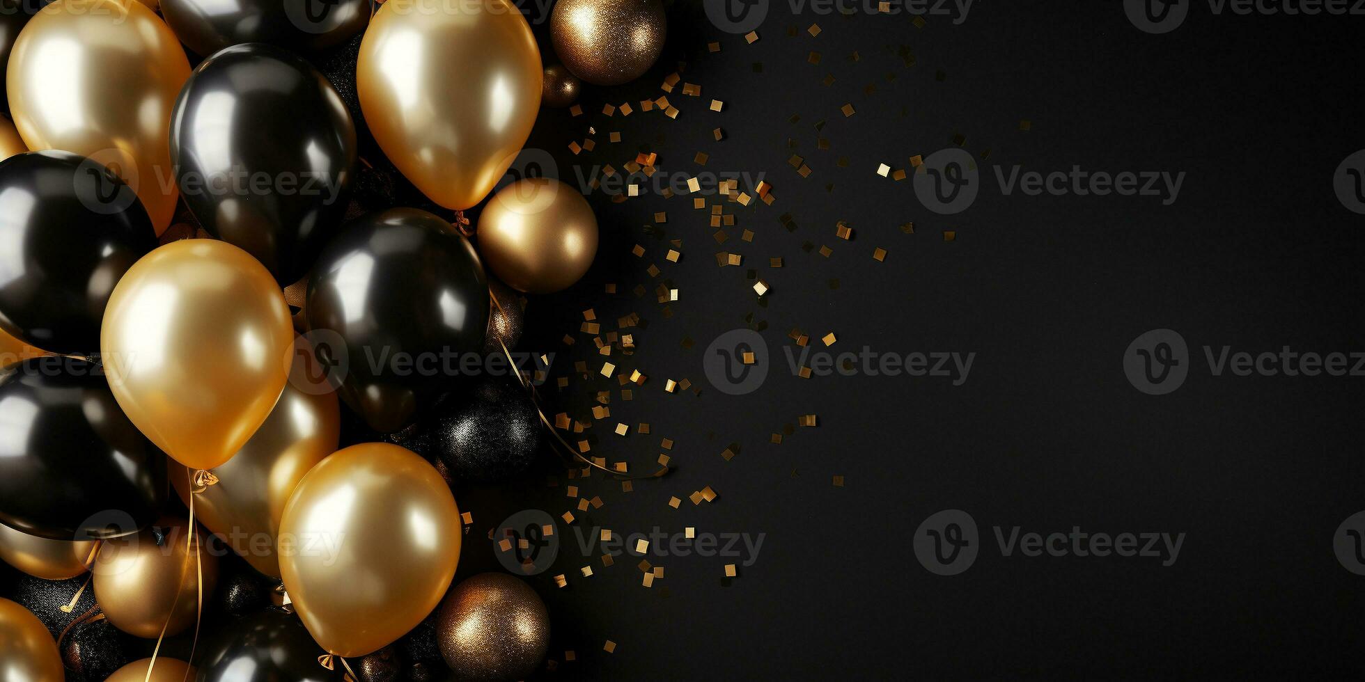 ai generado cumpleaños fiesta negro y oro composición con globos y cintas, concepto para tarjeta de regalo con Copiar espacio, oscuro antecedentes foto