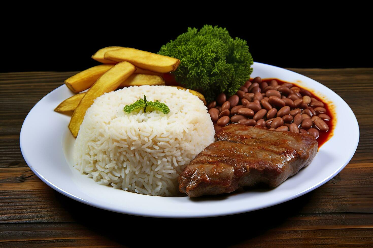 AI generated Rice, beans, French fries, and meat. Generative AI photo