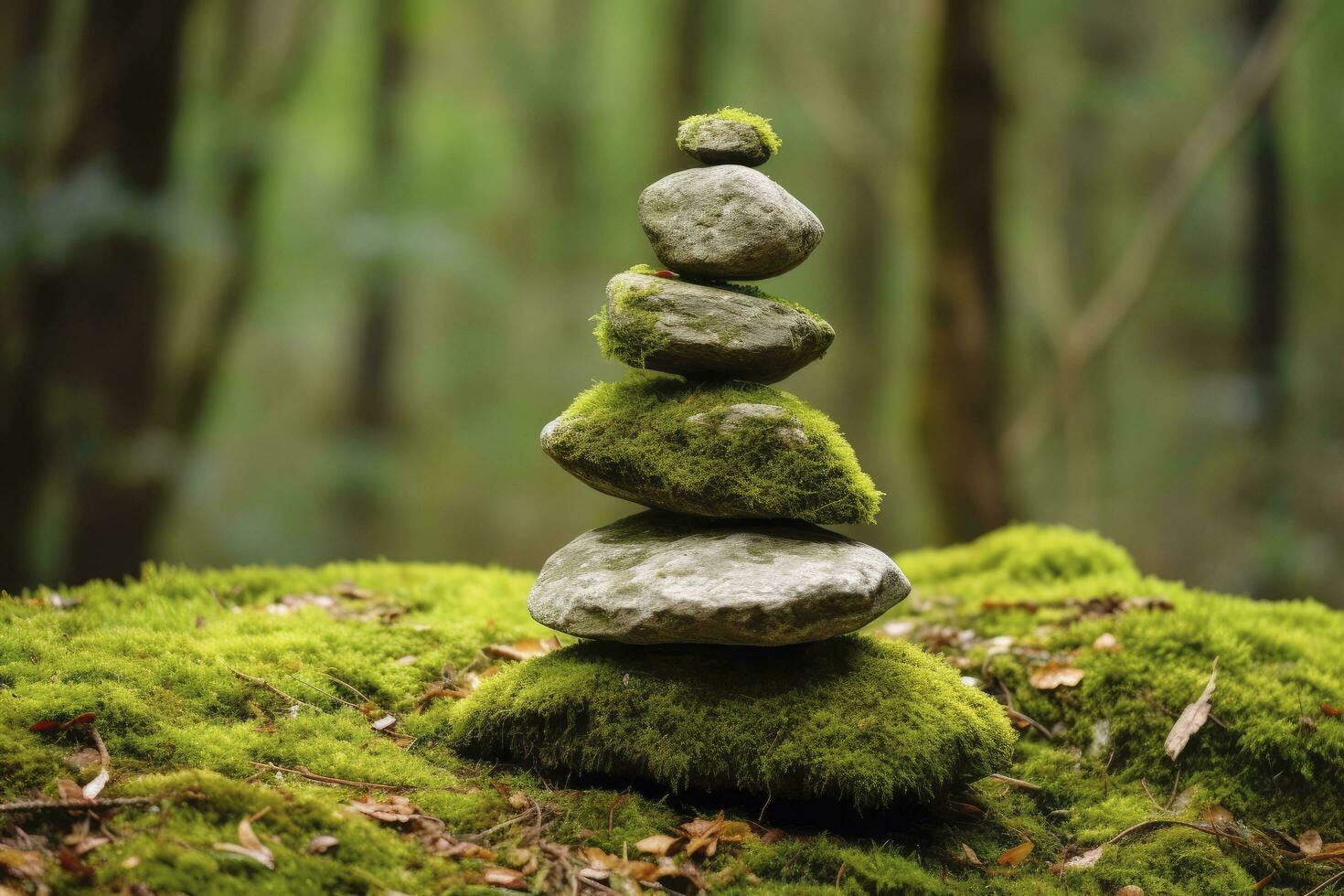 AI generated Pyramid stones balance on old mossy fallen tree. AI Generated photo