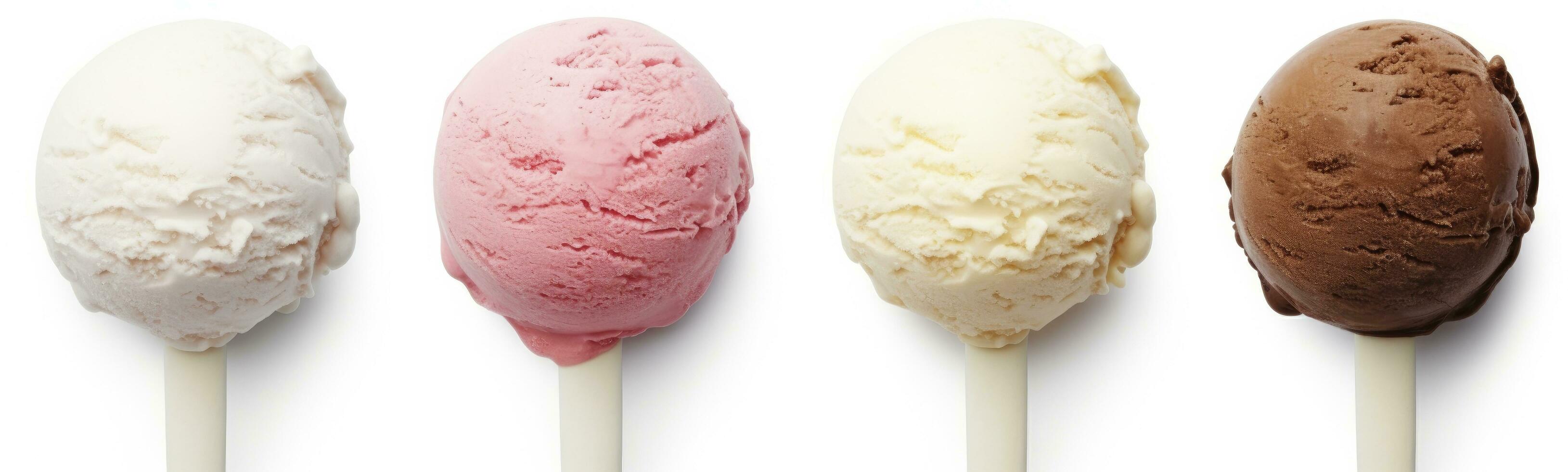 AI generated Set of four various ice cream balls or scoops isolated on white background. AI Generated photo