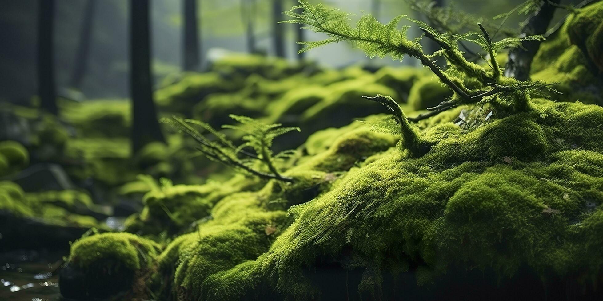 AI generated Green moss closeup, with a backdrop of woodland.  Forest in the national park. AI Generated photo