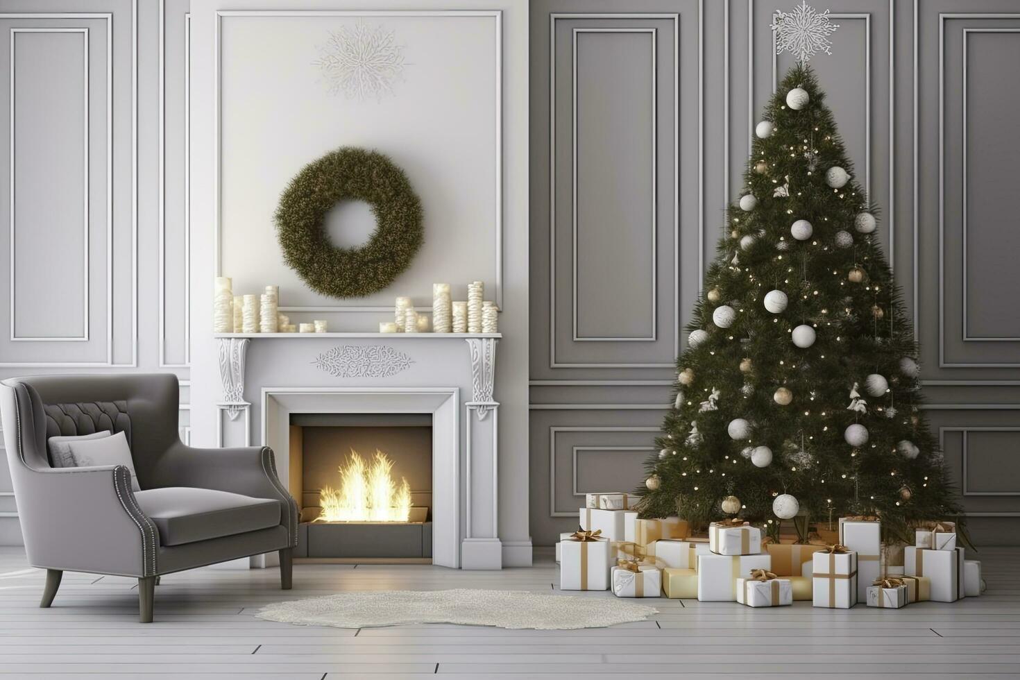 ai generado moderno vivo habitación con chimenea, Navidad árbol, regalo cajas y sillón. ai generado foto