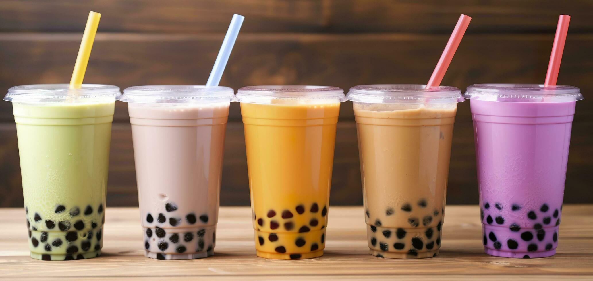 AI generated Plastic cups of different tasty bubble tea on wooden background. Generative AI photo