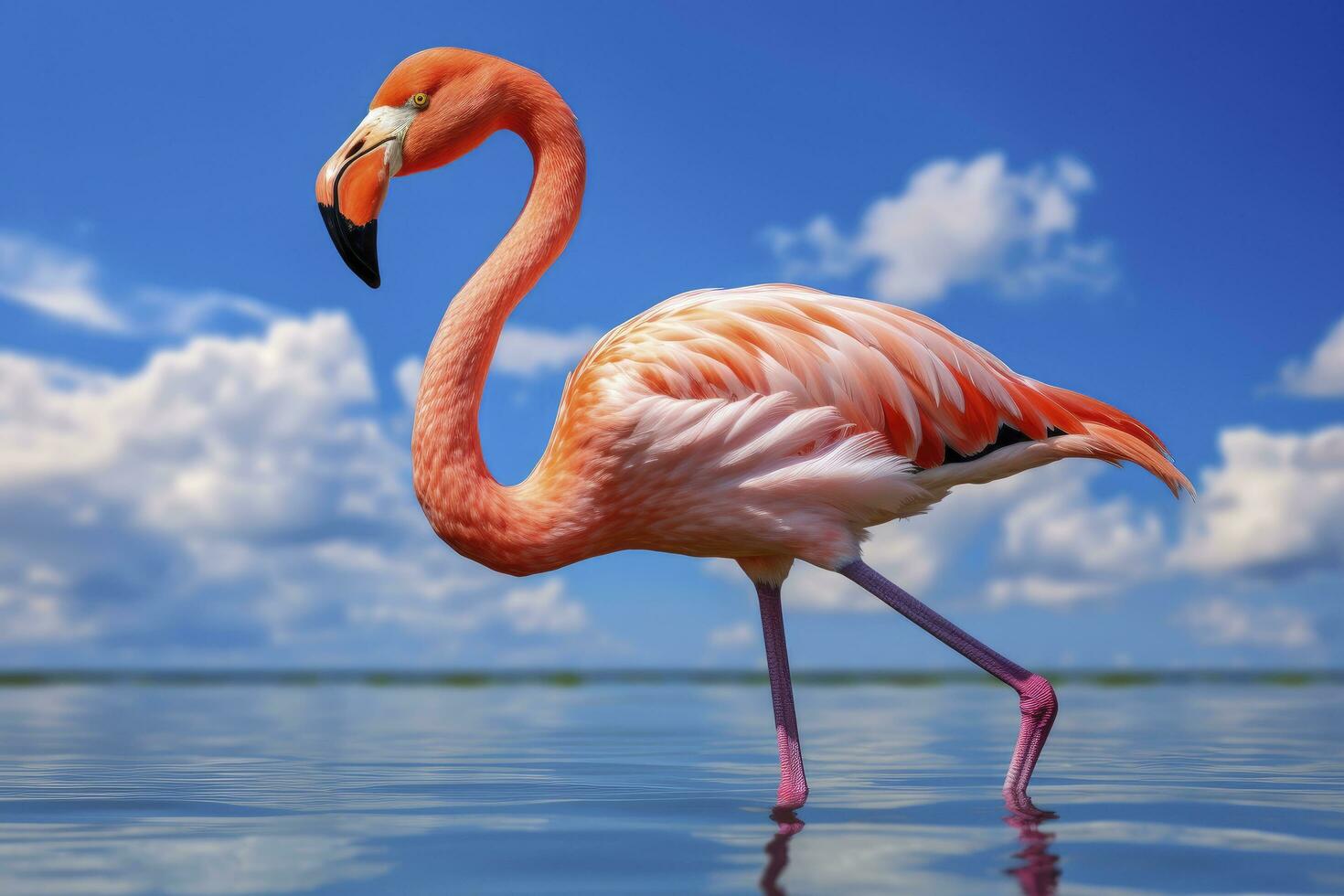 AI generated Pink Flamingo in the water. AI Generated photo