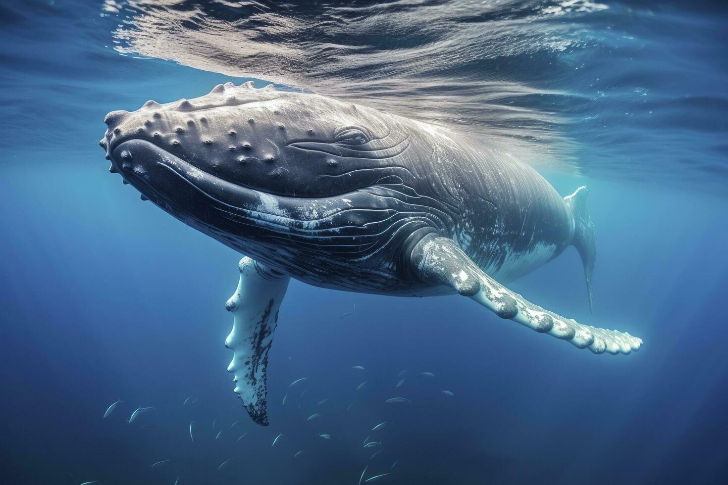 AI generated Young Humpback Whale In Blue Water. AI Generated photo