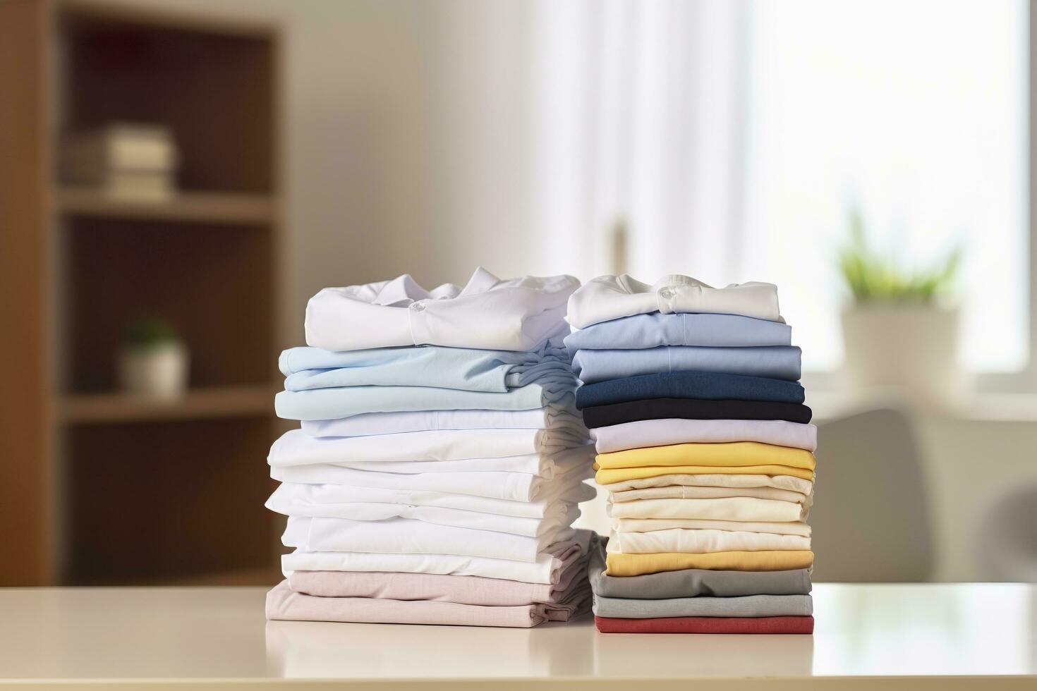 AI generated Stack of clean clothes on table in room. Generative AI photo