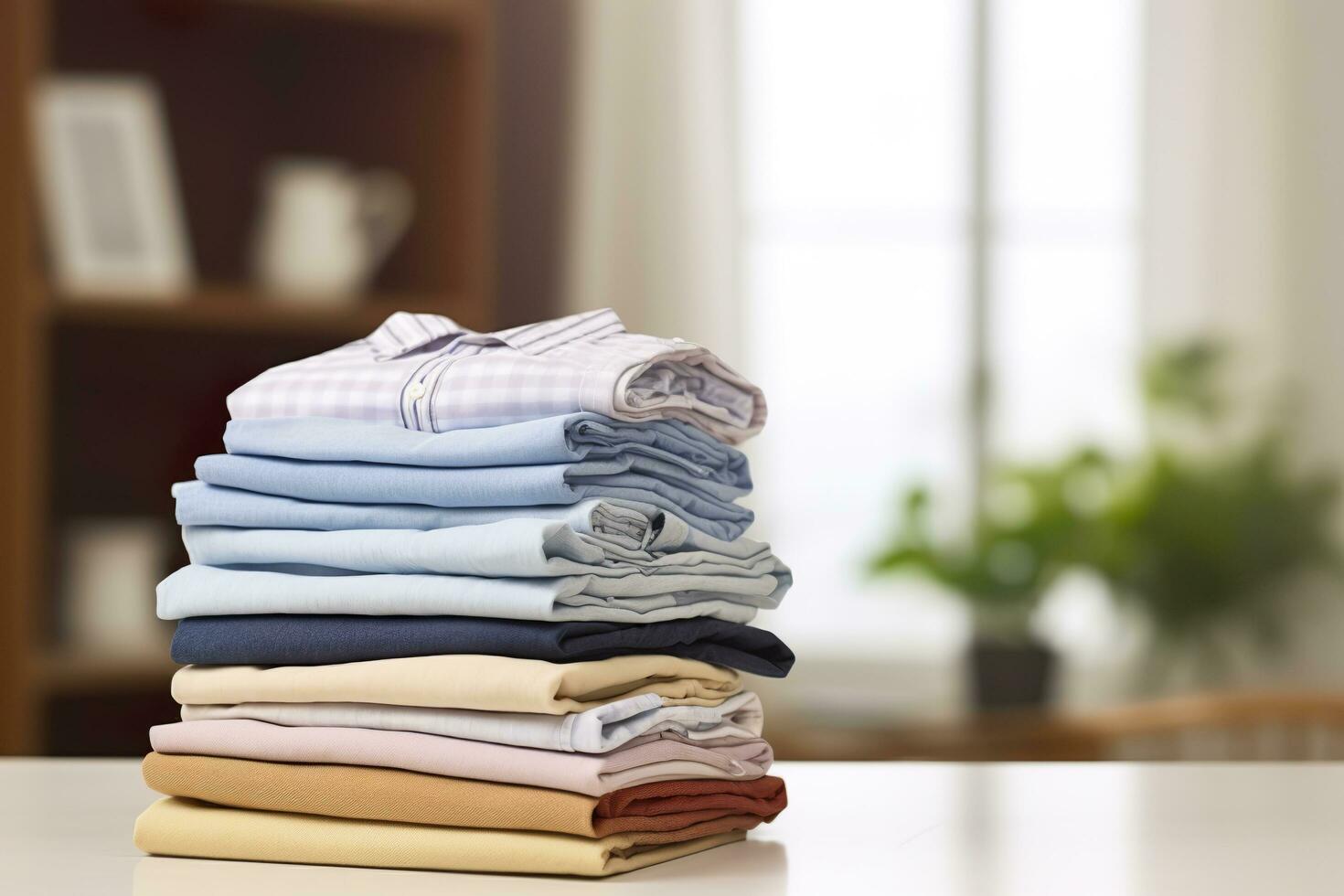 AI generated Stack of clean clothes on table in room. Generative AI photo