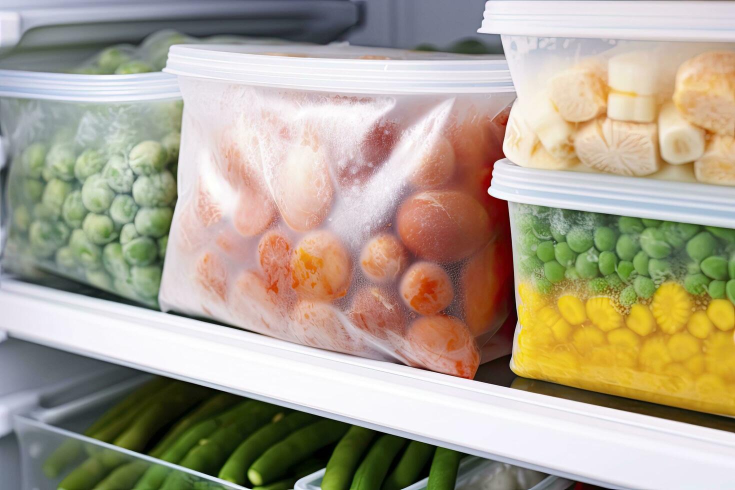 AI generated Frozen food in the freezer. Frozen vegetables. AI Generated photo