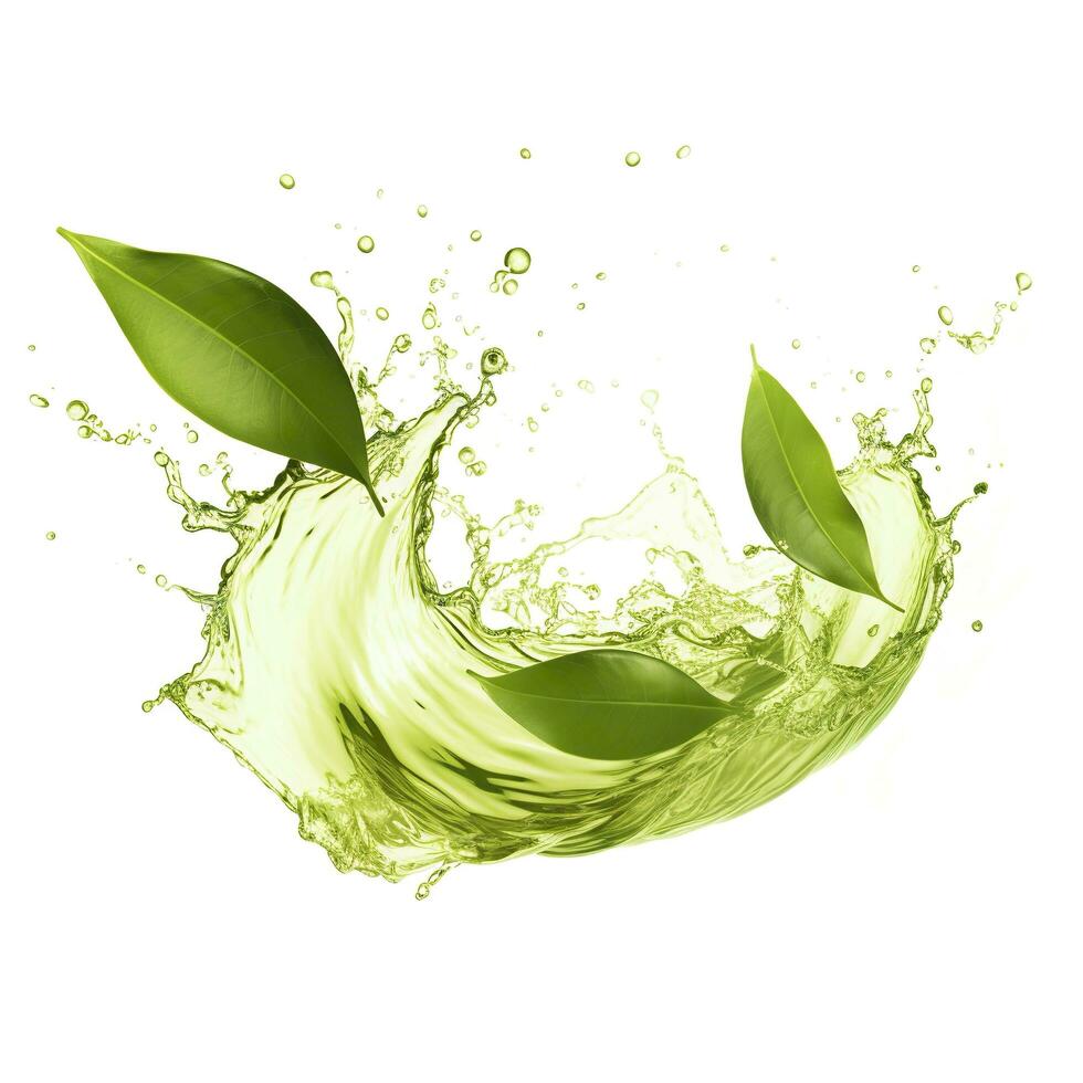 AI generated Green herbal tea wave splash with leaves flow. AI Generated photo