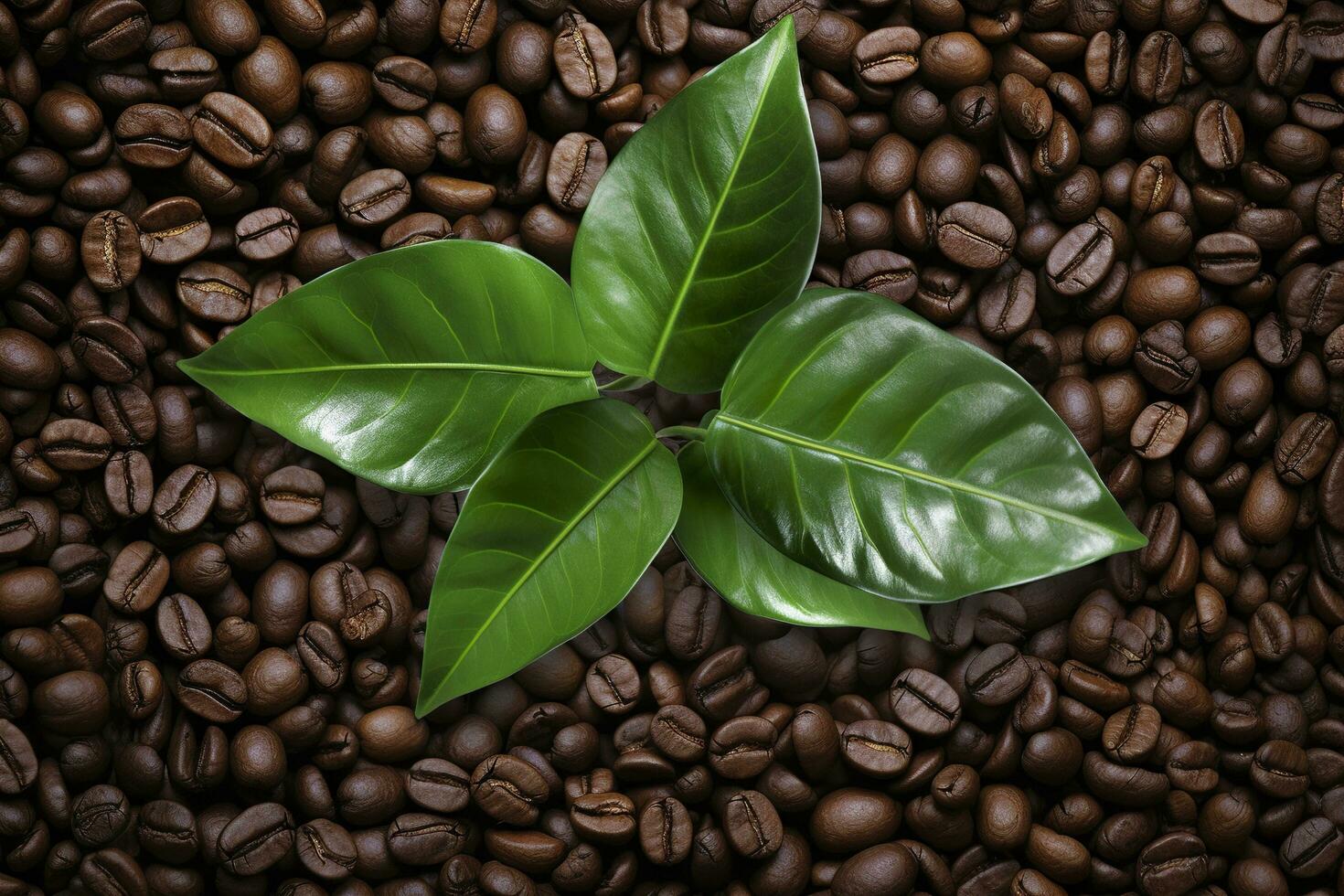 AI generated Green leaves with coffee beans as background. AI Generated photo