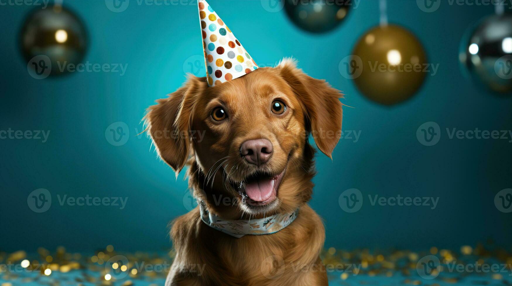 AI generated Happy dog wearing a party hat, celebrating at a birthday party. Generative AI photo