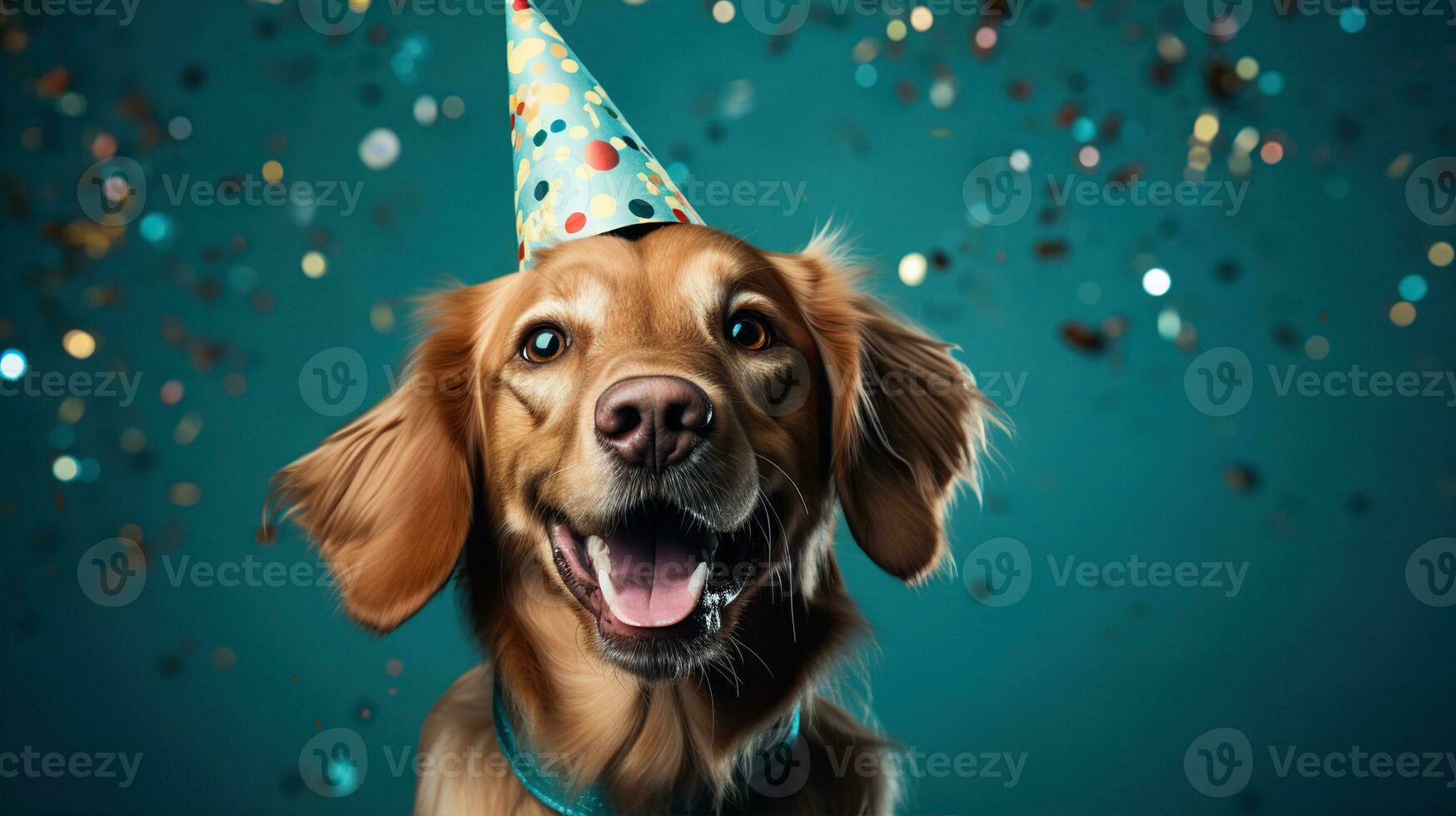 AI generated Happy dog wearing a party hat, celebrating at a birthday party. Generative AI photo