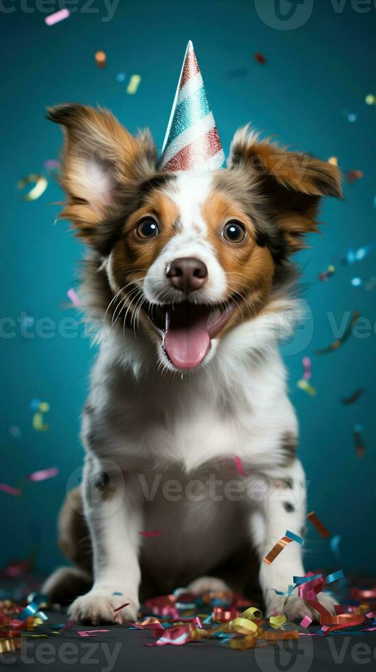 ai generado contento perro vistiendo un fiesta sombrero, celebrando a un cumpleaños fiesta. generativo ai foto