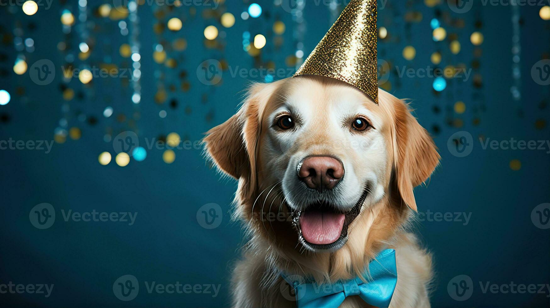 AI generated Happy dog wearing a party hat, celebrating at a birthday party. Generative AI photo