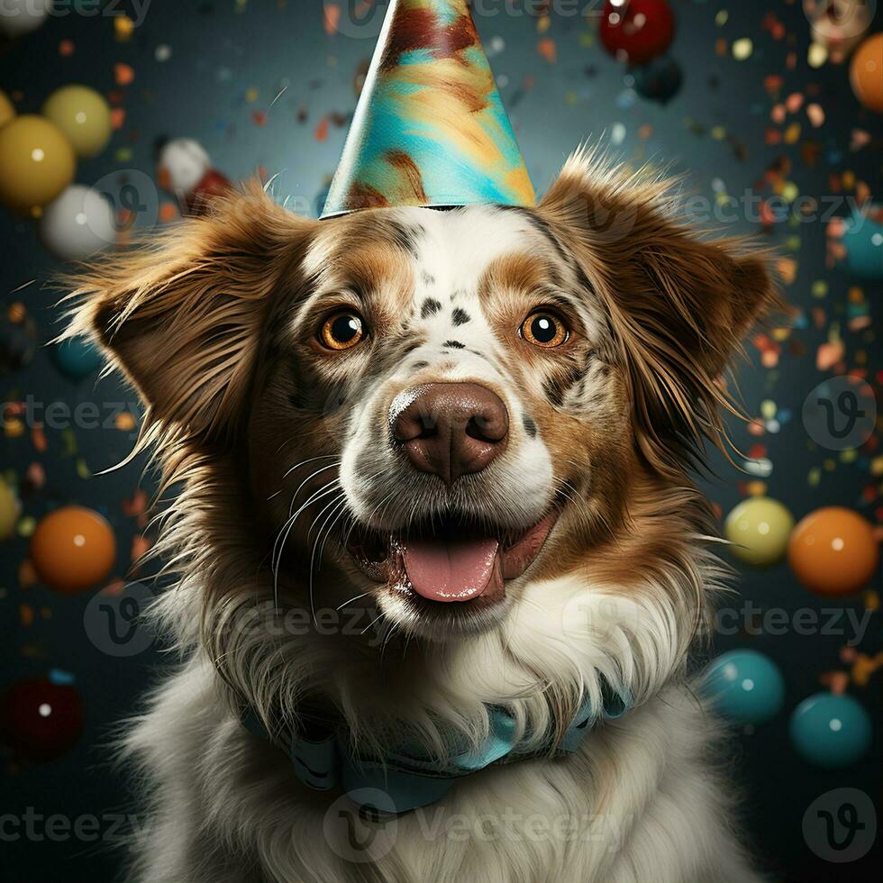 ai generado contento perro vistiendo un fiesta sombrero, celebrando a un cumpleaños fiesta. generativo ai foto