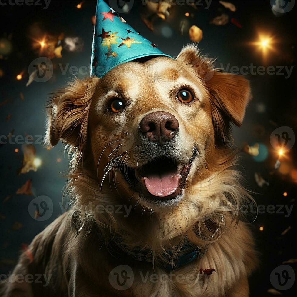 AI generated Happy dog wearing a party hat, celebrating at a birthday party. Generative AI photo