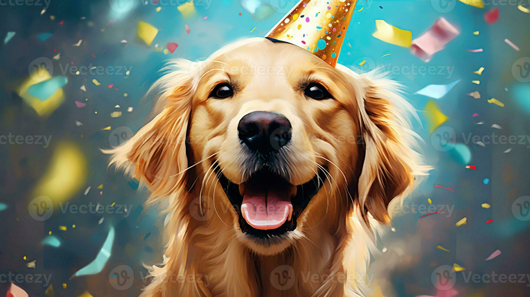 AI generated Happy dog wearing a party hat, celebrating at a birthday party. Generative AI photo