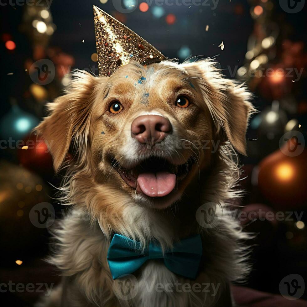 ai generado contento perro vistiendo un fiesta sombrero, celebrando a un cumpleaños fiesta. generativo ai foto