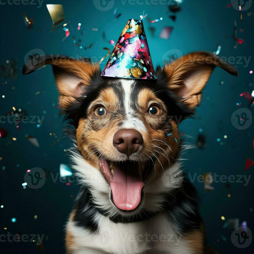 AI generated Happy dog wearing a party hat, celebrating at a birthday party. Generative AI photo