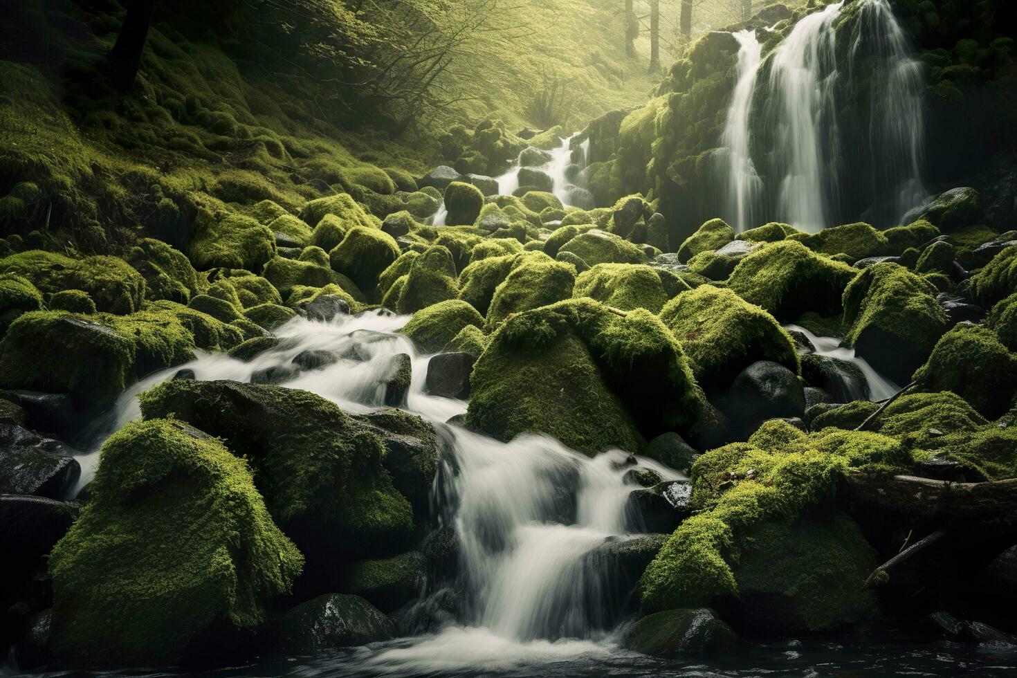 AI generated Waterfall landscape with rocks covered in green moss. AI Generated photo