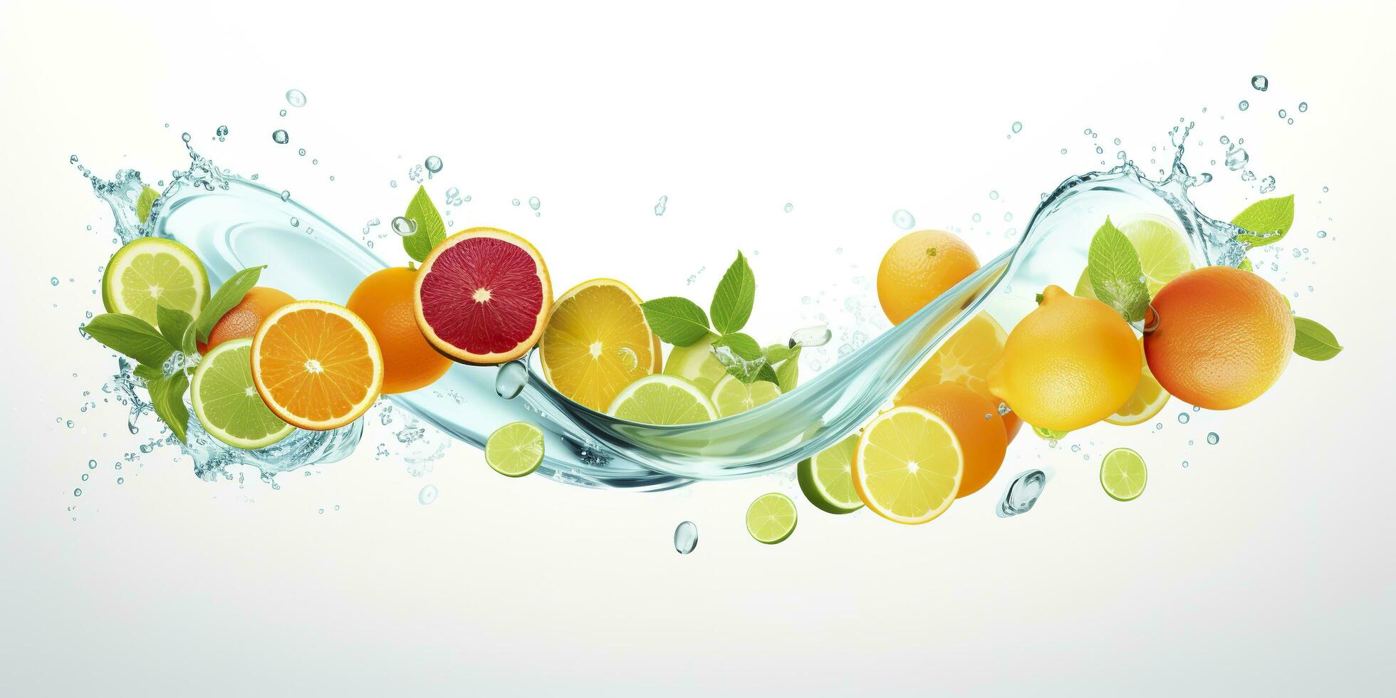 AI generated Swirl water splash with fruits. liquid flow with ice cubes and a mix of fresh fruits. Generative AI photo