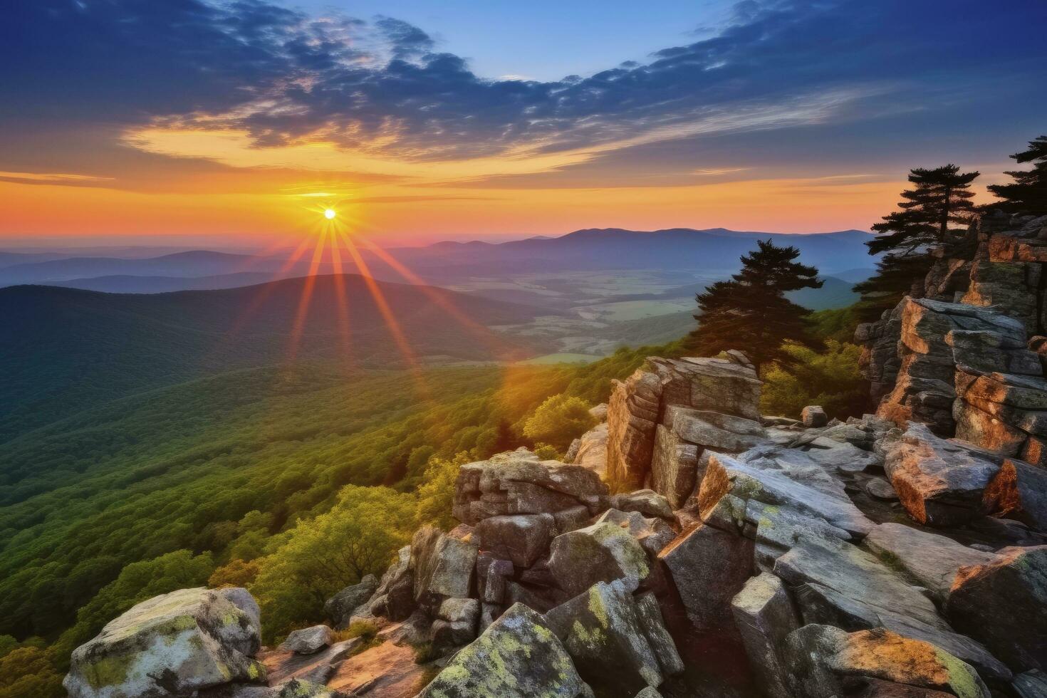 AI generated Sunset on Stony Man Mountain. AI Generated photo