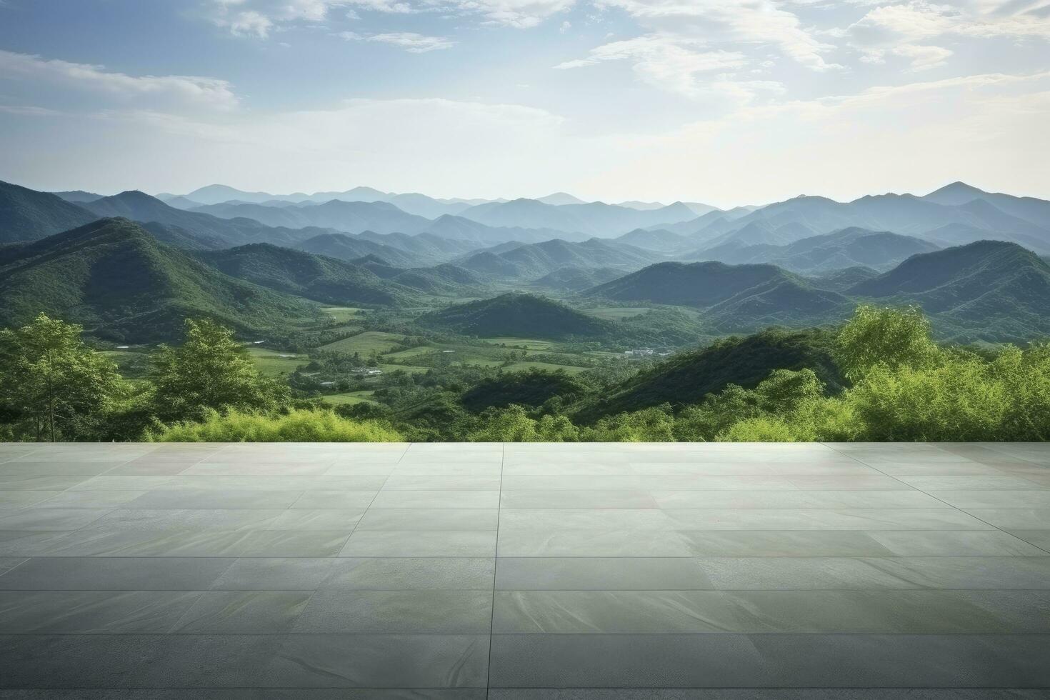 AI generated Square floor and green mountain nature landscape. AI Generated. photo