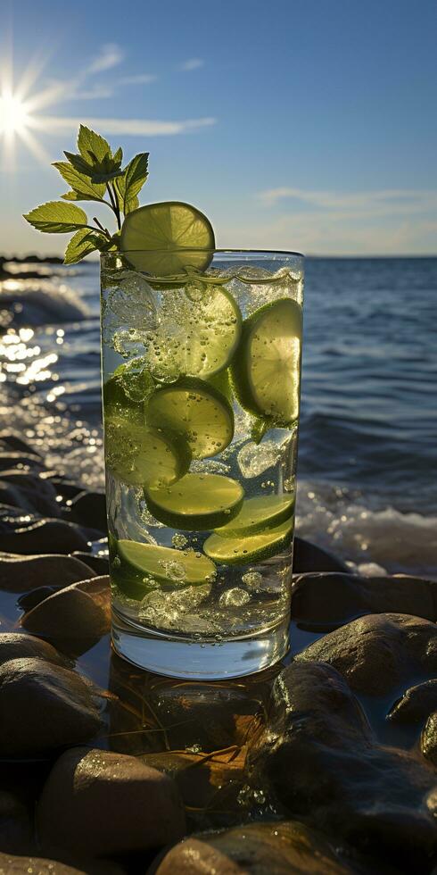 AI generated Stunning photo of cocktail mojito, a sunny summer beach in the background. Generative AI
