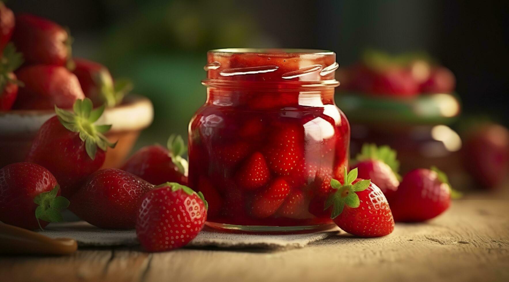 AI generated Strawberry jam and fresh berries. Generative AI photo