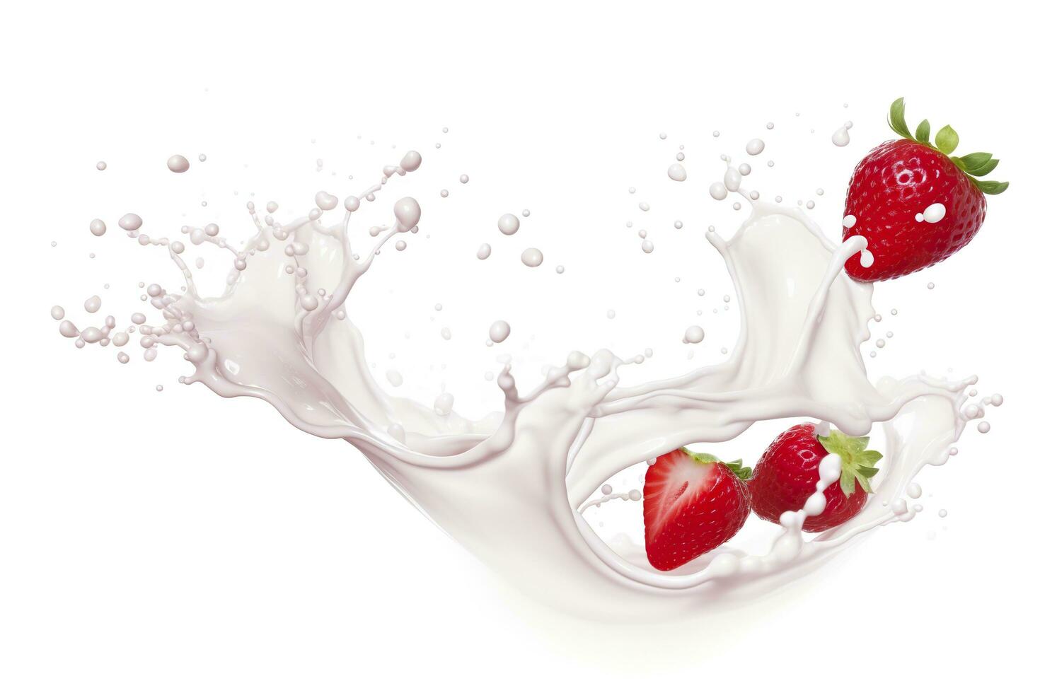 AI generated milk or yogurt splash with strawberries isolated on white background, 3d rendering. AI Generated photo