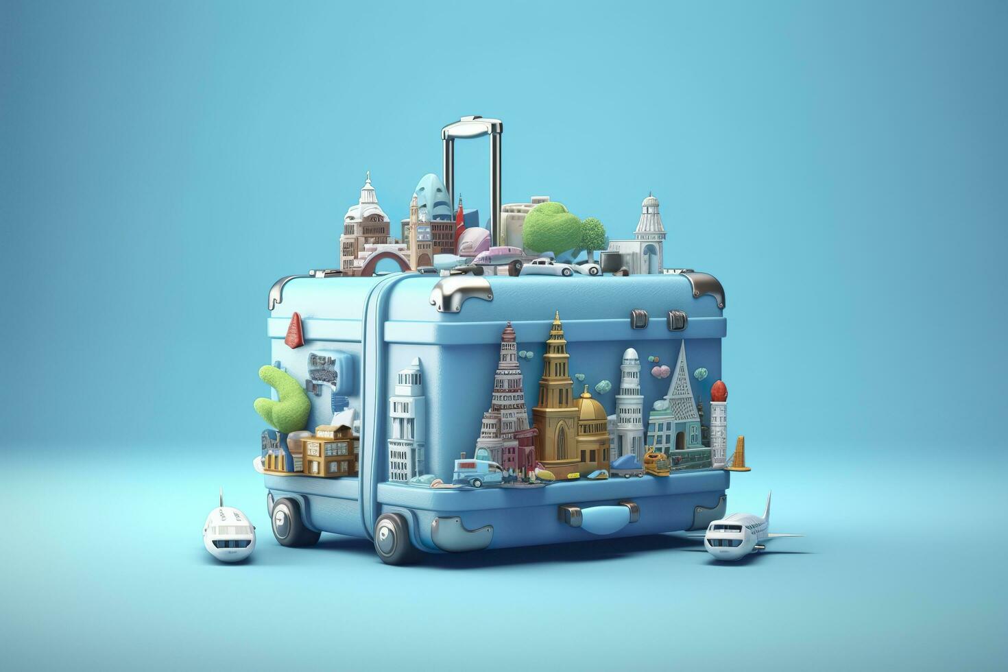 AI generated Blue suitcase full of landmarks and travel accessories on blue background. Generative AI photo