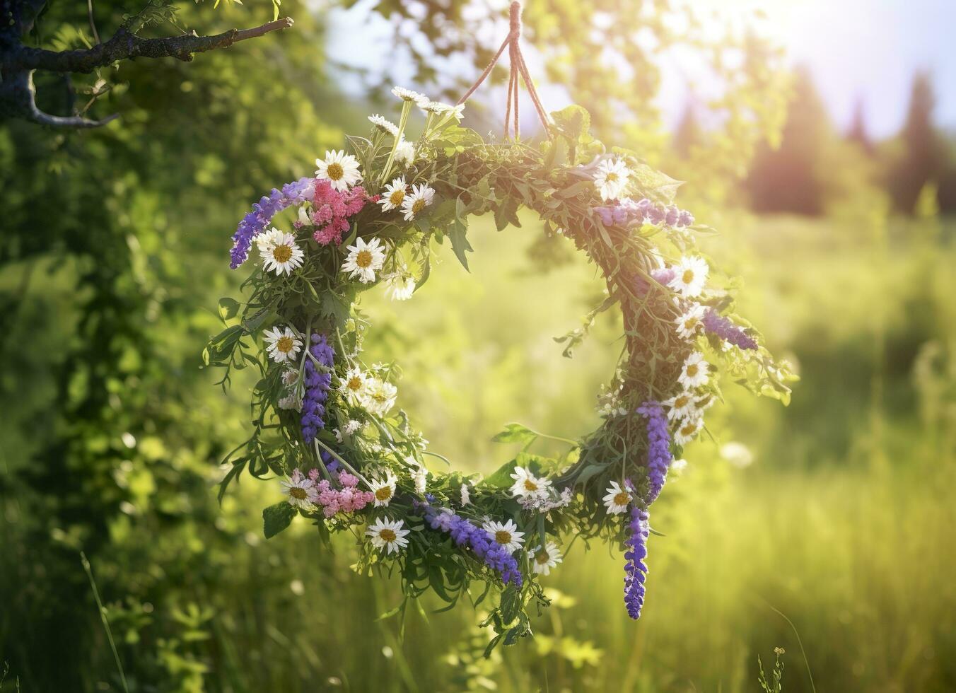 AI generated Rustic wildflowers wreath on a sunny meadow. Summer Solstice Day, Midsummer concept. Generative AI photo