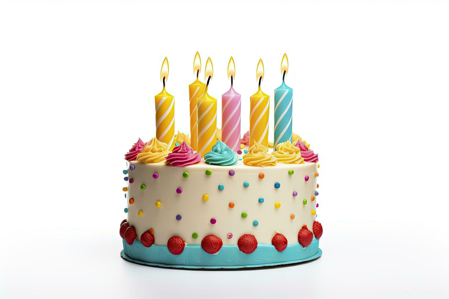 AI generated Colourful birthday cake with candles isolated on white background. AI Generated photo