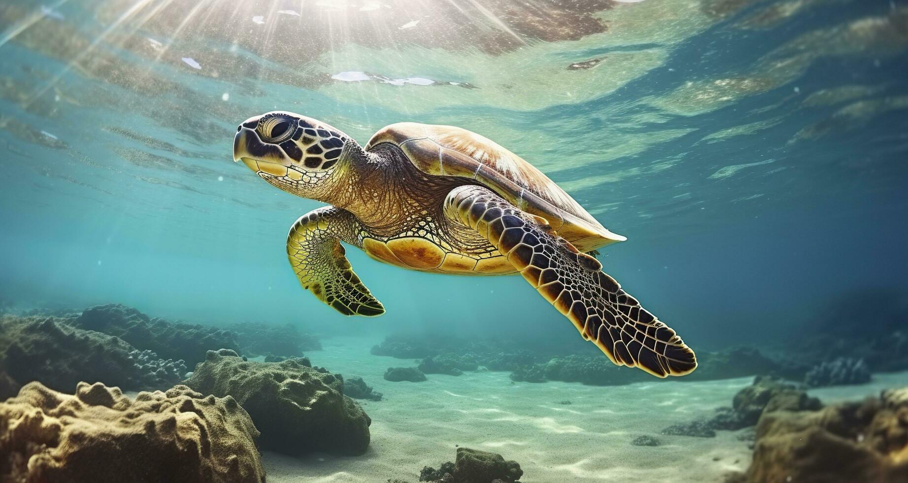 AI generated Photo of Sea turtle in the Galapagos island. Generative AI