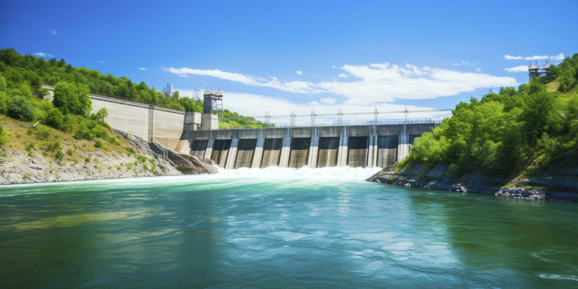 ai generado hidroeléctrico represa generando verde energía desde fluido agua. ai generado. foto