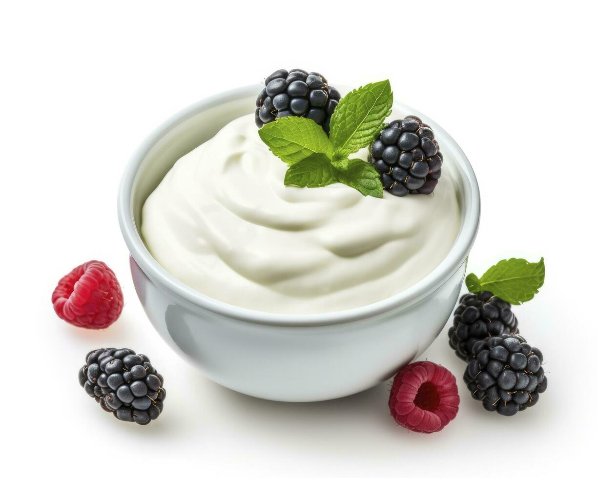 AI generated Green bowl of greek yogurt and fresh berries isolated on white background. AI Generated photo