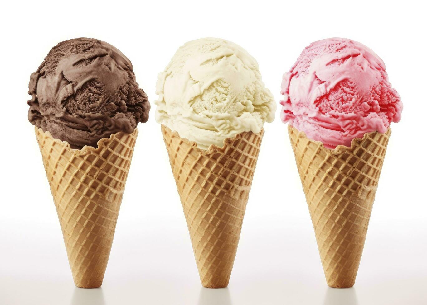 AI generated Chocolate, vanilla and strawberry Ice cream in the cone on white background. AI Generated photo